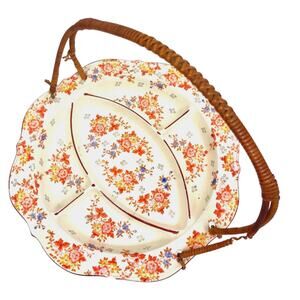 Antique Hand Painted Decorative Divided Plate Rattan Handle Made Japan Floral